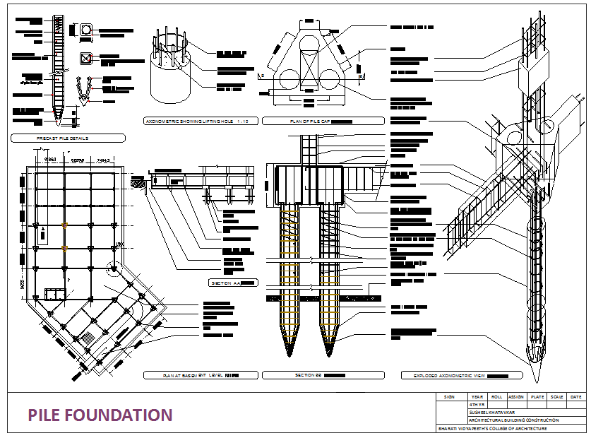 Pile foundation system with pile reinforcement details Diffrent types of  pile and the pile shoe cap design Pile cap and pile   Autocad Pile  Structural drawing