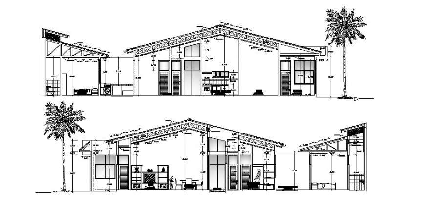 Elevation And Different Axis Section View Of Residence Area In Autocad