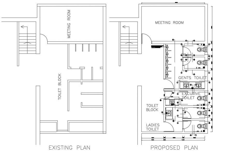 Existing plan and proposed plan of office toilet blocks cad drawing