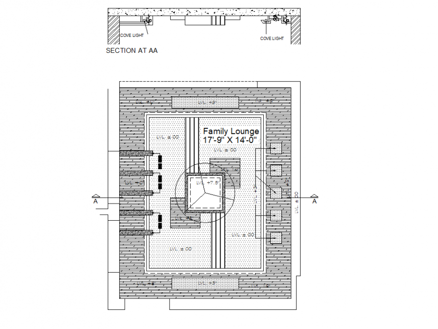 Family lounge ceiling plan and section file - Cadbull