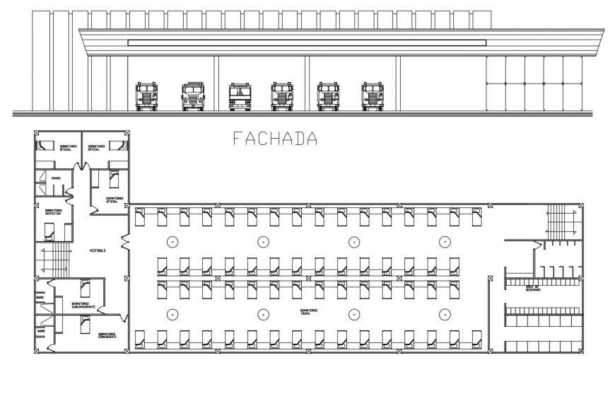 Fire station main section and floor plan distribution cad