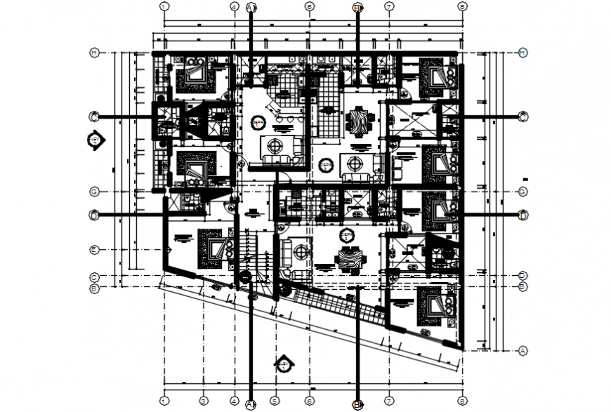 First floor distribution plan of apartment building dwg file - Cadbull