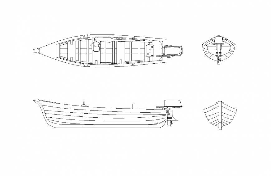 Fisherman boat design with plan and elevation view dwg file - Cadbull