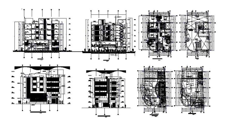 Five story hotel elevation, section and floor plan distribution cad ...