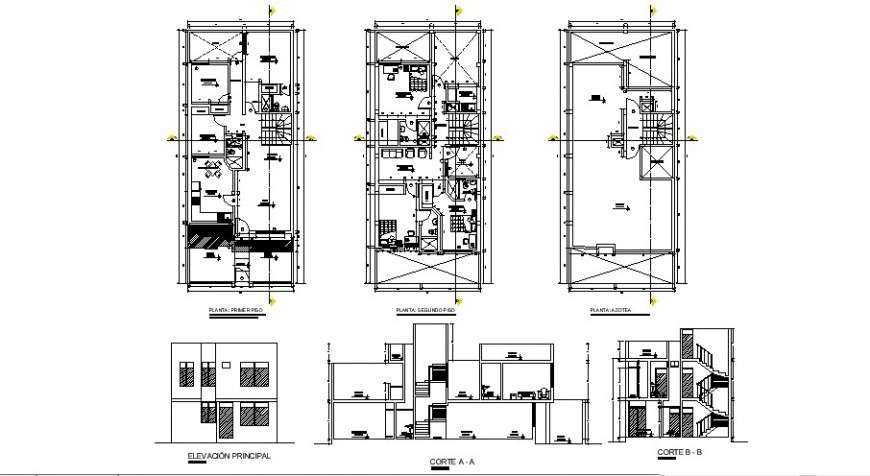 Floor plan elevation and section view of house in auto cad - Cadbull
