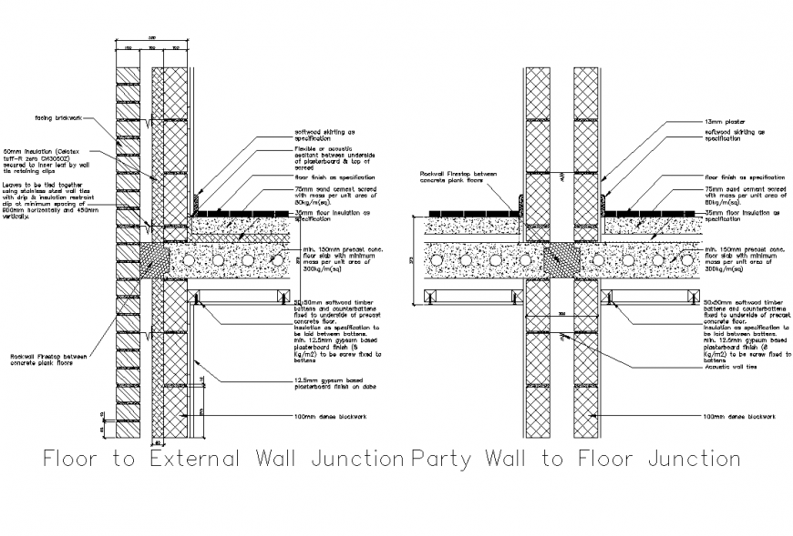 Floor to external wall junction party wall to floor junction layout