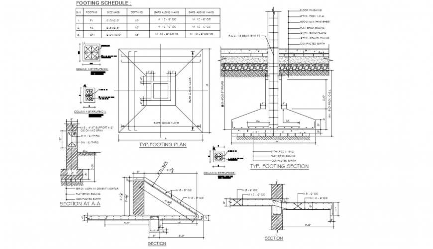 Footing Plan Section View With Detail With Construction Design Dwg File