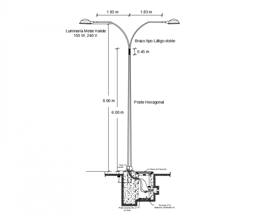 Foundation of street light column with wire design dwg file Cadbull