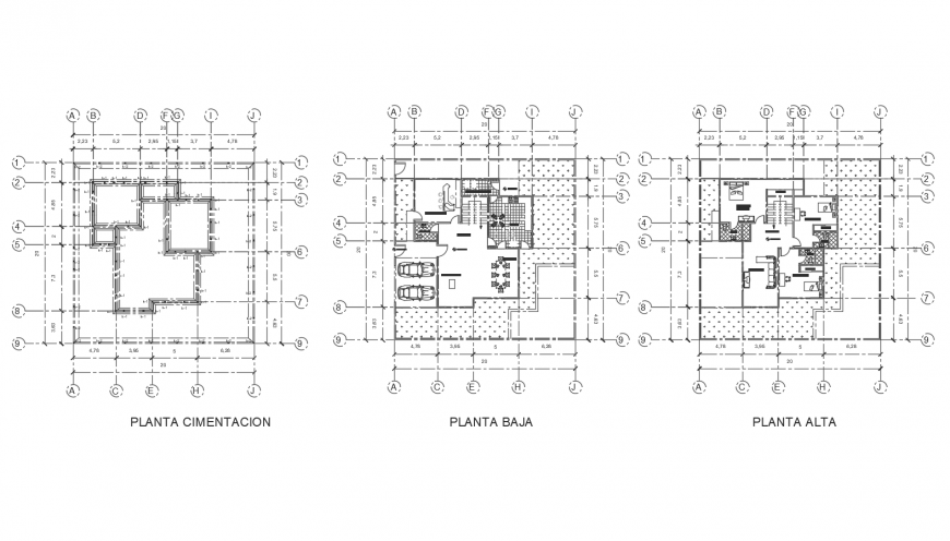 Foundation plan, ground and first floor plan cad drawing