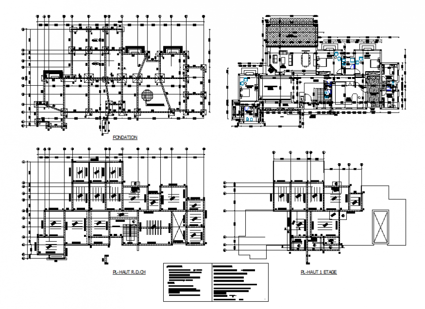 Foundation plan, layout plan and structure constructive details of one ...