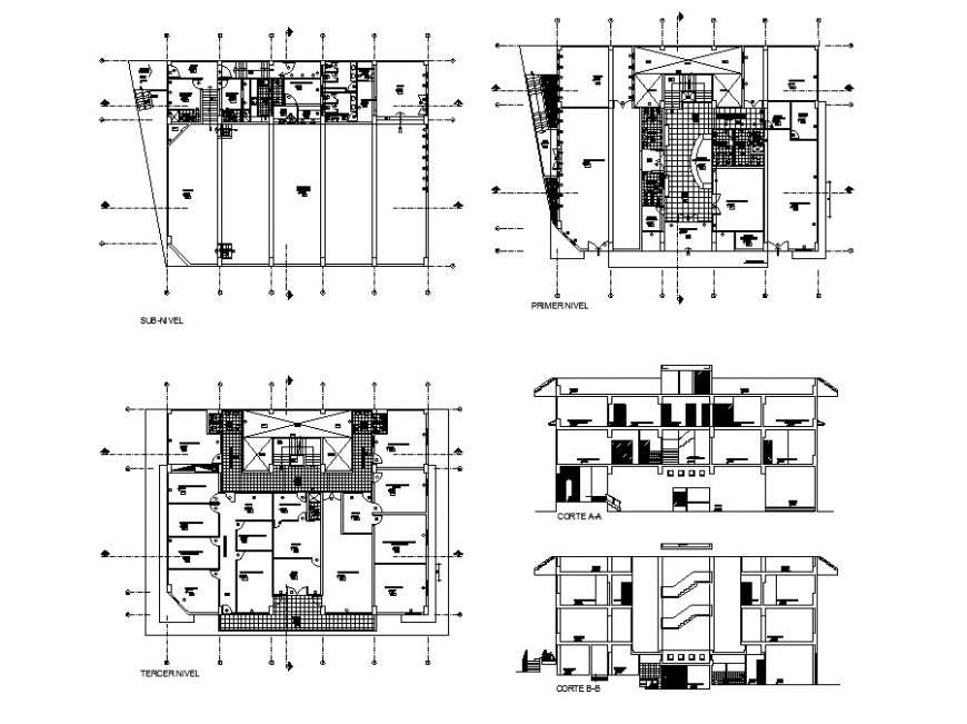 Front and back section and floor plan details of municipal district ...