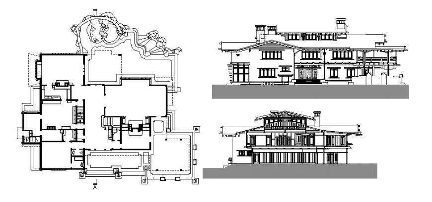 Gamble house main and back elevation and cover plan cad drawing details