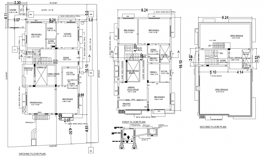 Ground, first and second floor plan details of one family