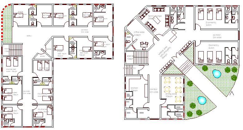 ground and first floor plan of guest house for hospital staff dwg file