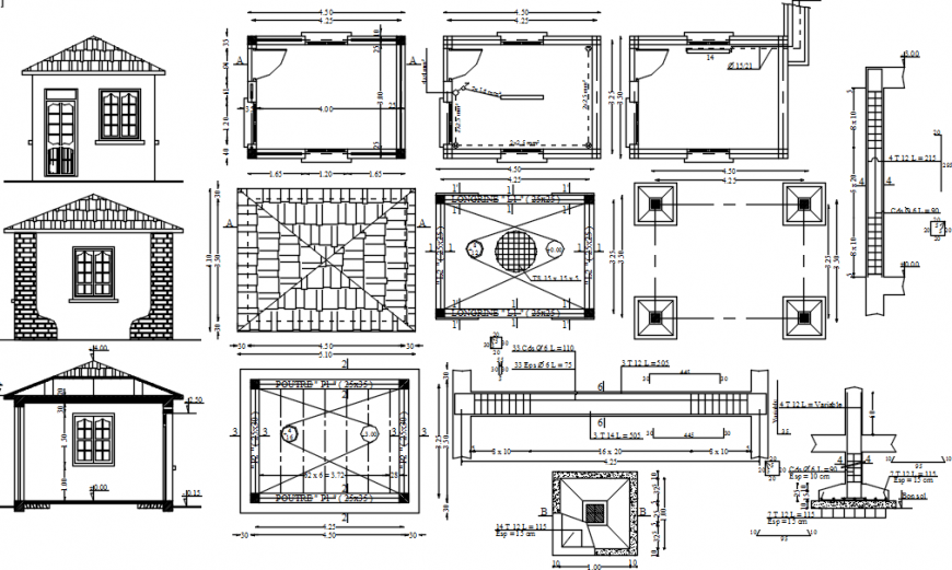 Guard house elevations, sections and structure details dwg file Cadbull
