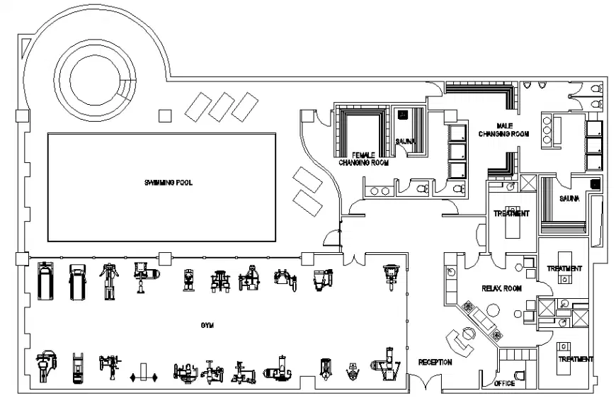 Gym plan detail elevation layout file - Cadbull