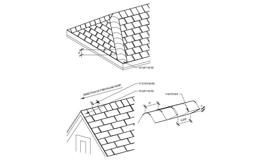 Hip and Ridge Shingles section and roof structure details dwg file