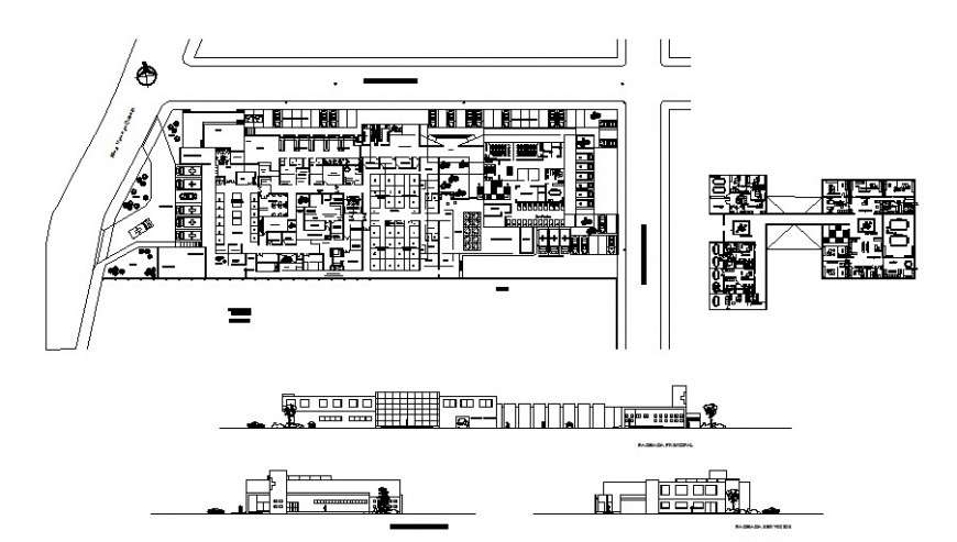 Hospital all sided elevation, distribution plan and floor