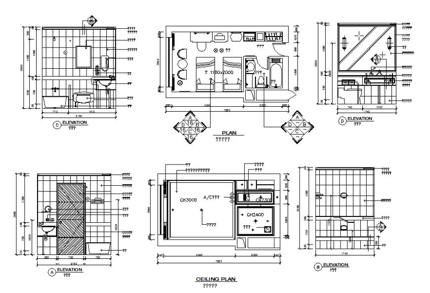Hotel toilet section and constructive plan cad drawing details dwg file