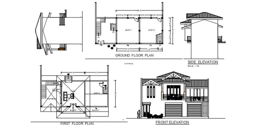 House front and side elevation and ground and first floor plan details ...