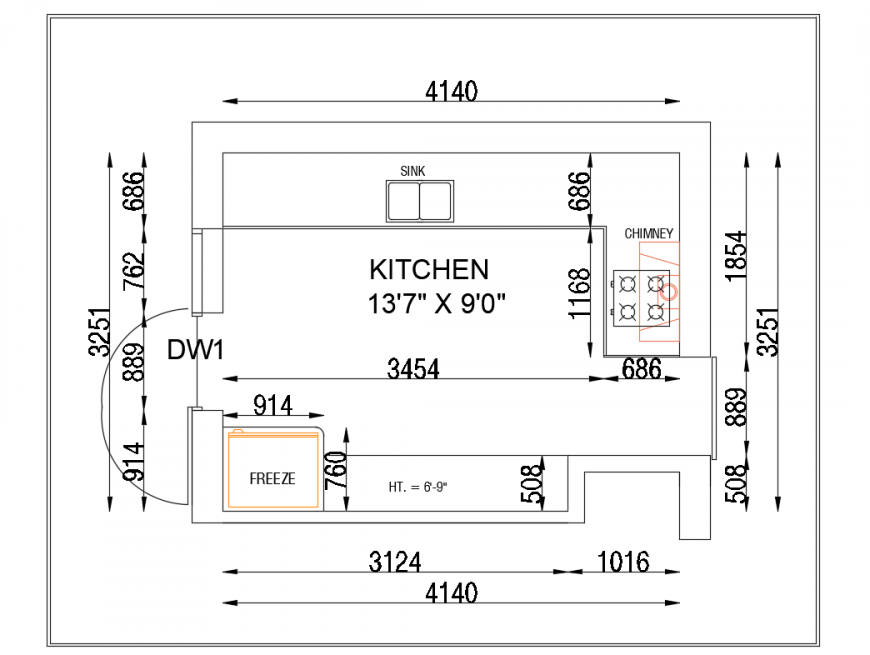 House kitchen top view plan cad drawing details dwg file Cadbull