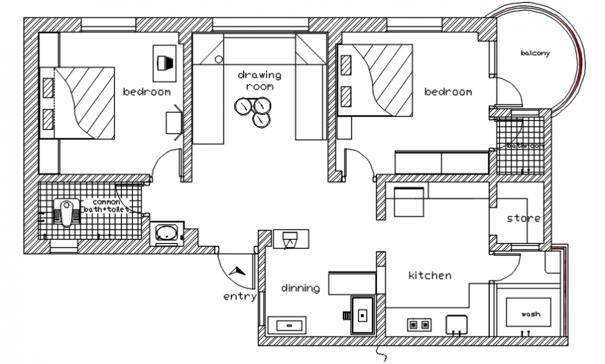 House two bedroom architecture layout plan cad drawing details dwg file