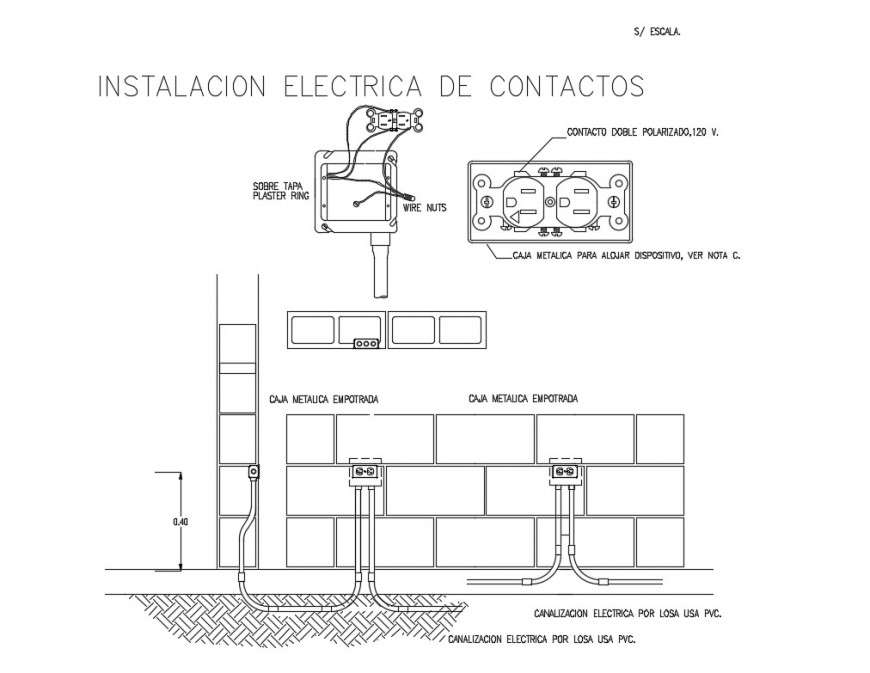 Installation of electrical outlets in a wall cad drawing details dwg
