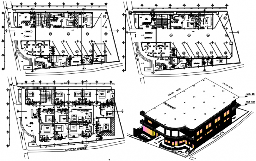 Isometric elevation and floor plan distribution drawing