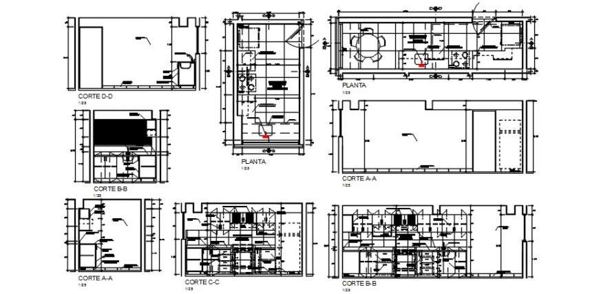 Kitchen and dining area drawings 2d view plan and section