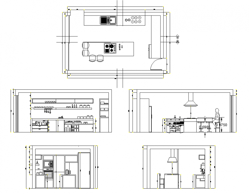 Kitchen interior detail structure 2d view layout dwg file - Cadbull