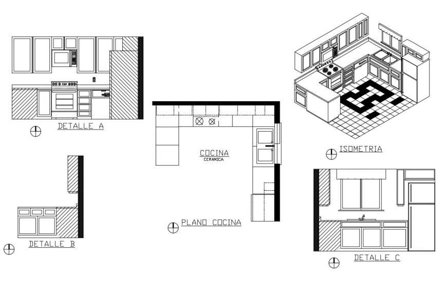 Kitchen isometric elevation and plan cad drawing details 