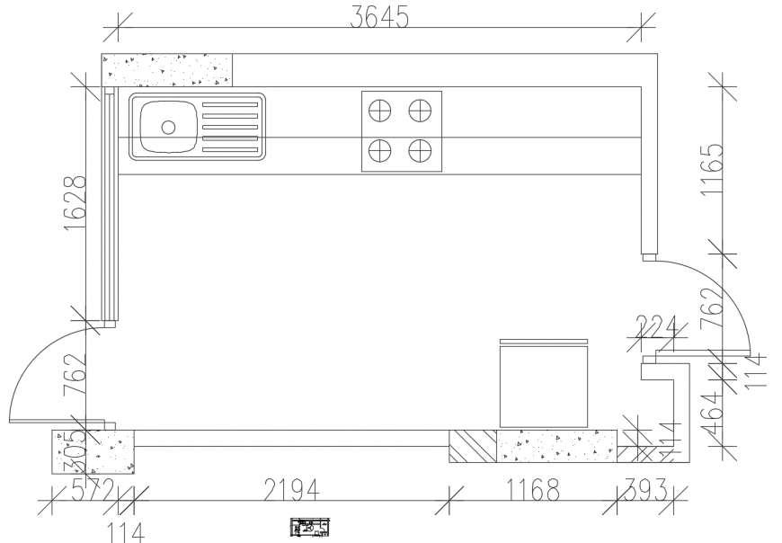Kitchen layout plan with dimensions for one family house dwg file - Cadbull