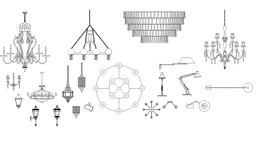 Lamps and chandeliers detail elevation and plan dwg file