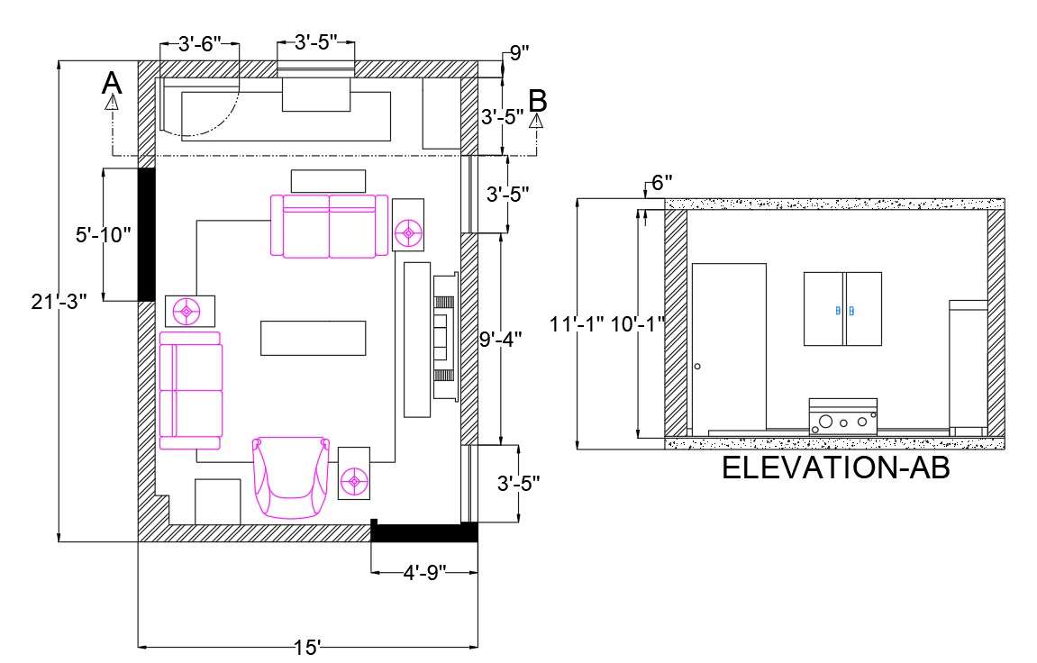 living room plan and elevation