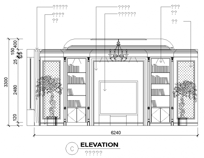 Living Room And Bookcase Cad Elevation Layout File Cadbull