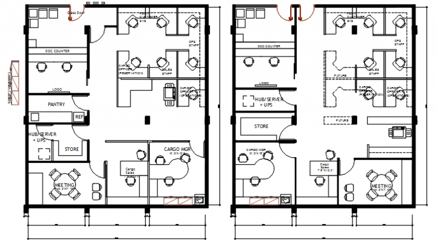 Local office building ground and first floor plan cad drawing details