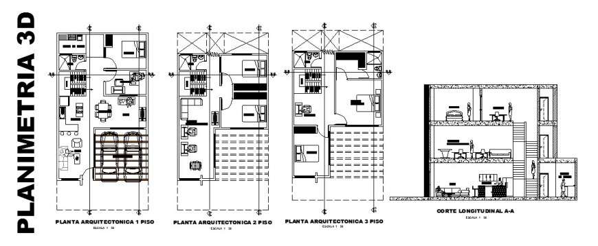 Longitudinal section and floor plan layout details of one