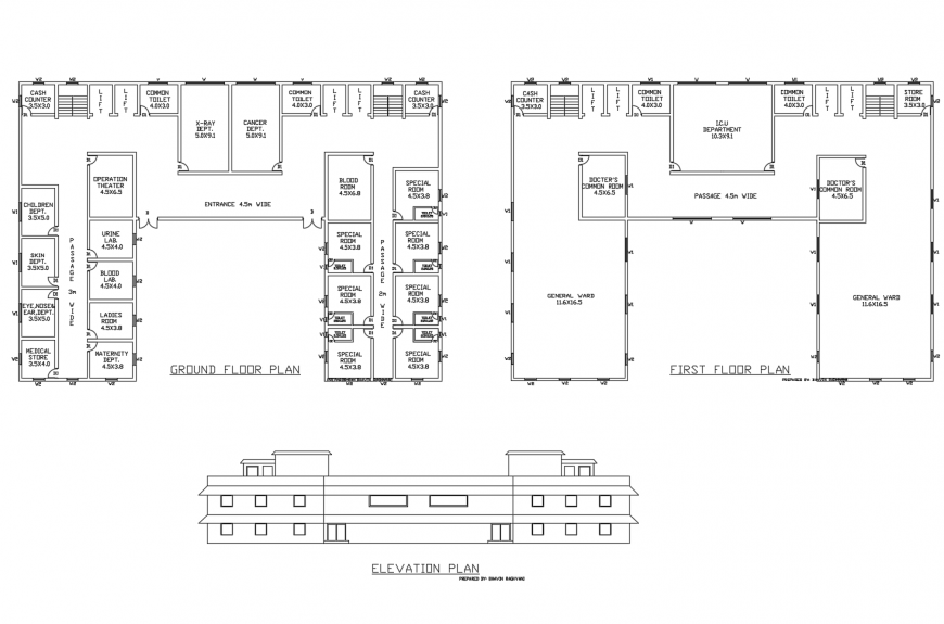 Main elevation, ground floor and first floor plan details