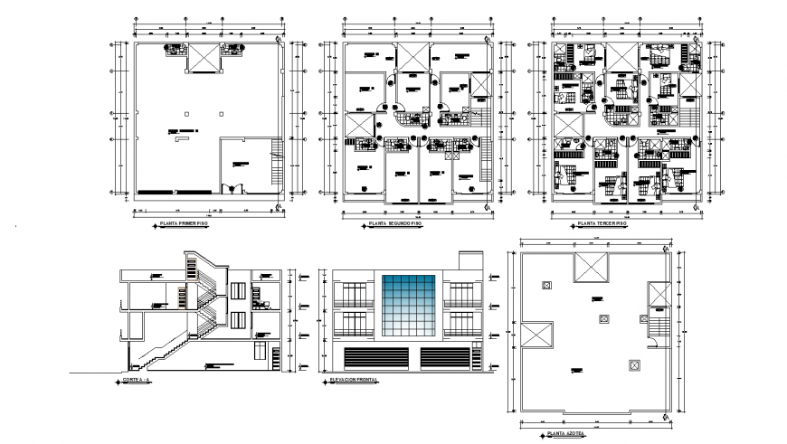 Main elevation, section and floor plan details of hotel building dwg ...