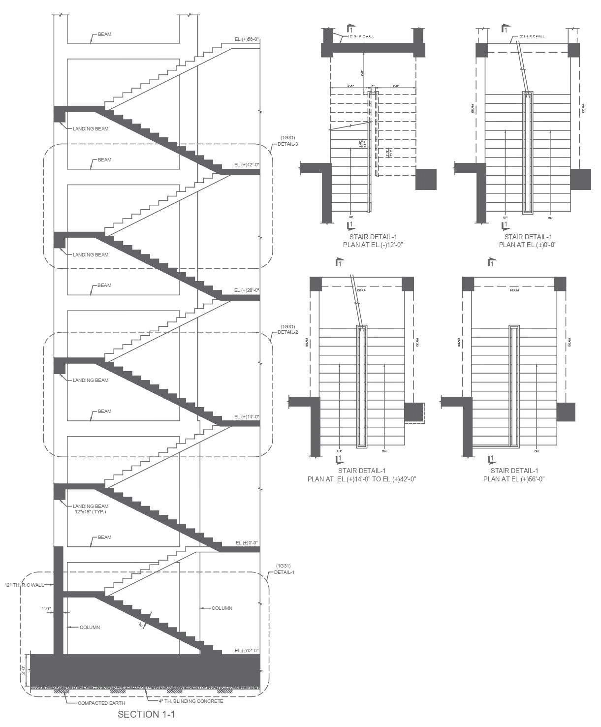 main building stairs detail with proper section and elevation detail ...