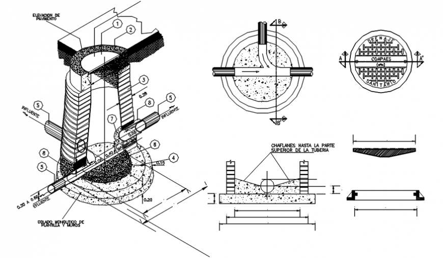 Manhole constructive section and structure drawing details dwg file