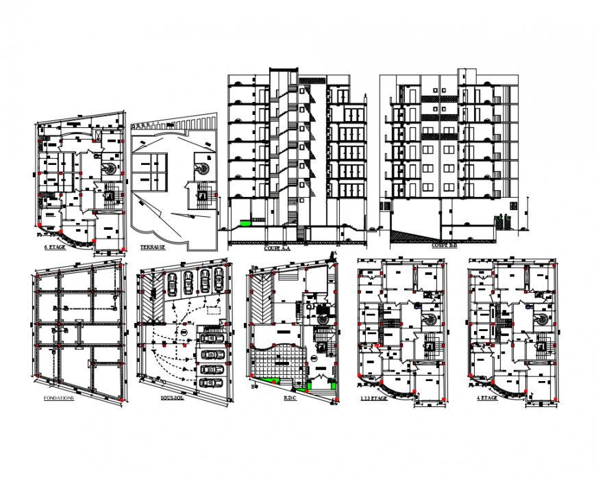 Multifamily multi story apartment building sectional and