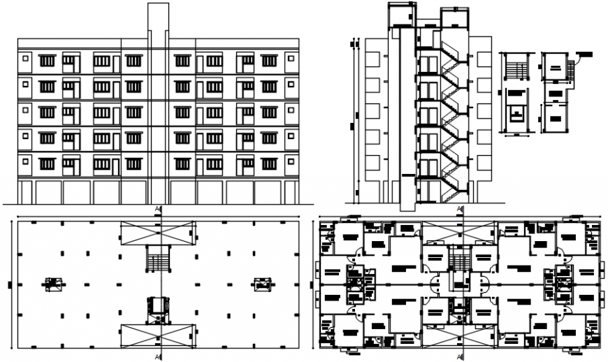 Multi Flooring Apartment Building Elevation Section And Floor Plan Details Dwg File Cadbull