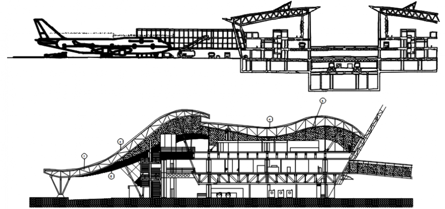Multi Level Airport Building Both Sided Section Drawing Details Dwg