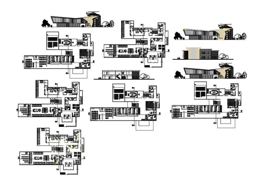 Multistory emergency hospital elevation, section and