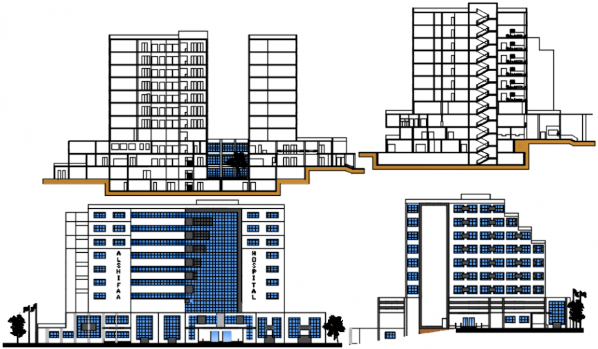 Multi Story Hospital Building All Sided Elevation And Main Section Cad