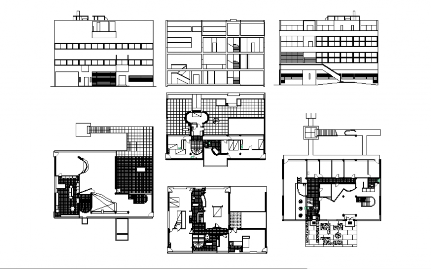 Multistory villa elevation, section and floor plan