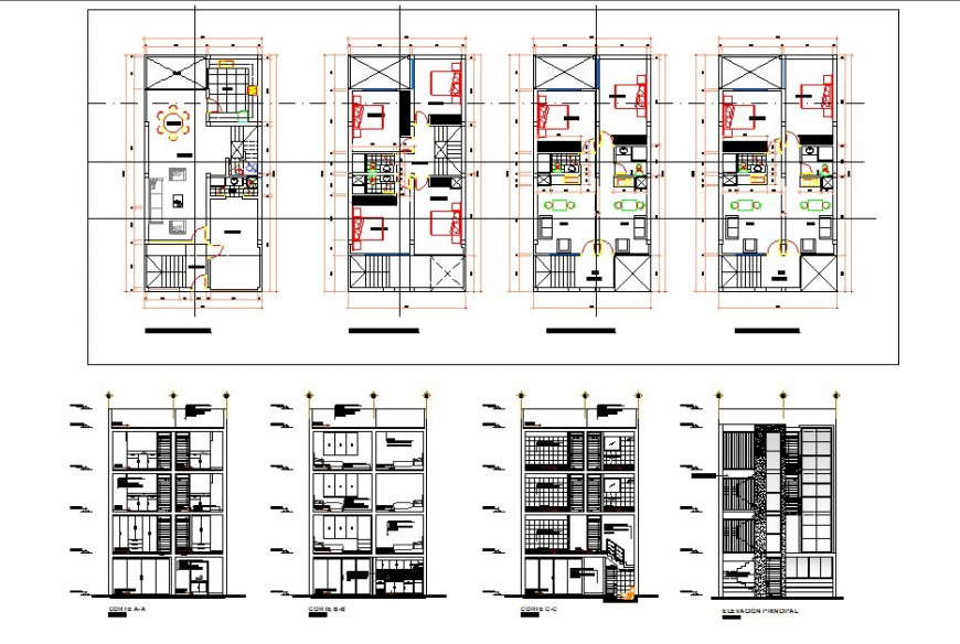 Multi family housing elevation and plan - Cadbull