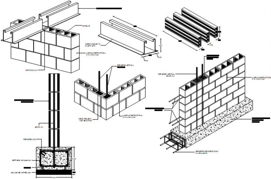 Multiple brick walls sections, plan and construction drawing details ...