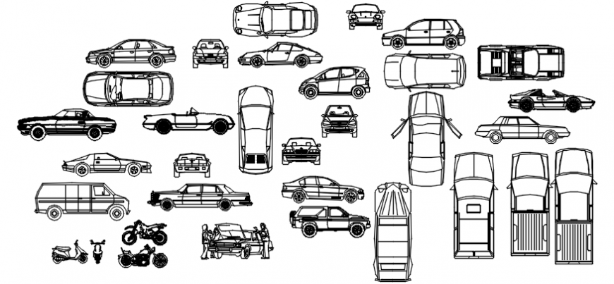 Multiple Cars Van And Two Wheeler Elevation Blocks Cad Drawing Details